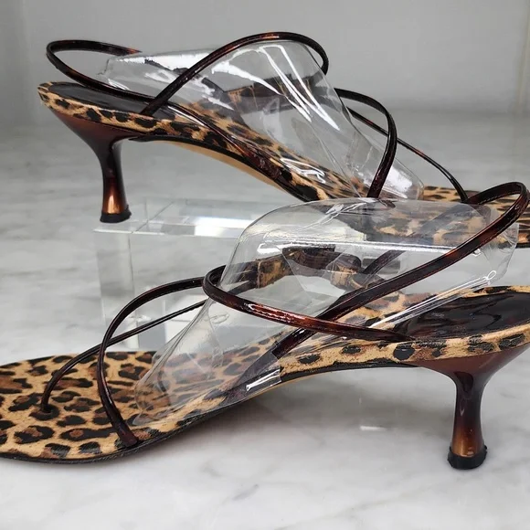 Stuart Weitzman Kitten Heel Sandals Strappy Thong Animal Print Brown Slingback 9 - Picture 14 of 15
